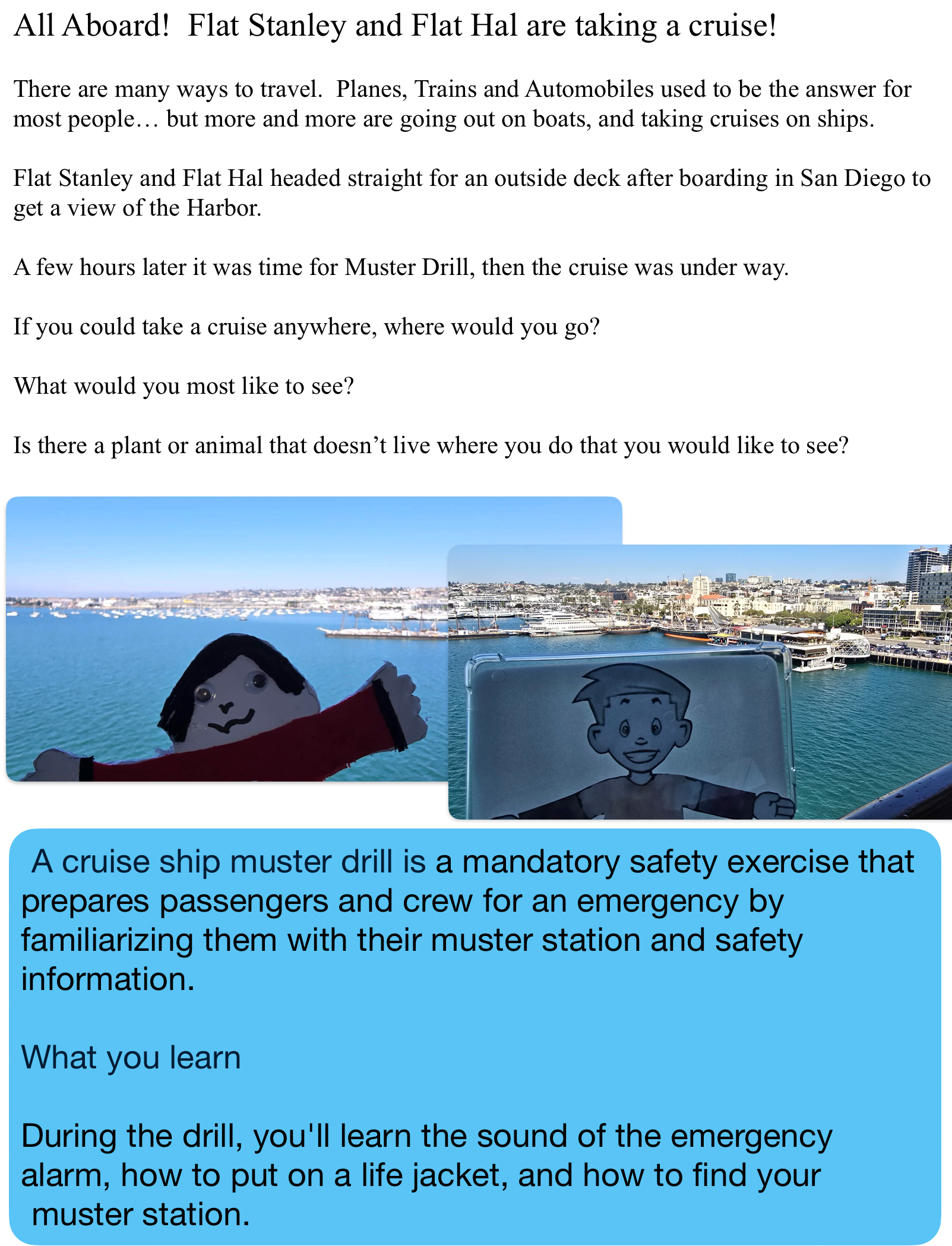 All Aboard!  Flat Stanley and Flat Hal are taking a cruise!